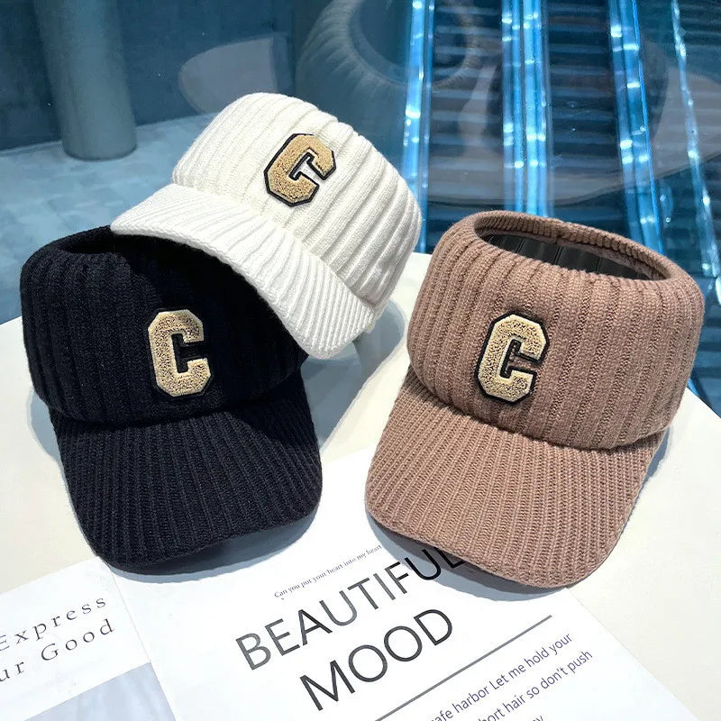 Unisex Knitted Visor Beanie Hat – Striped Winter Cap with Plush Lining