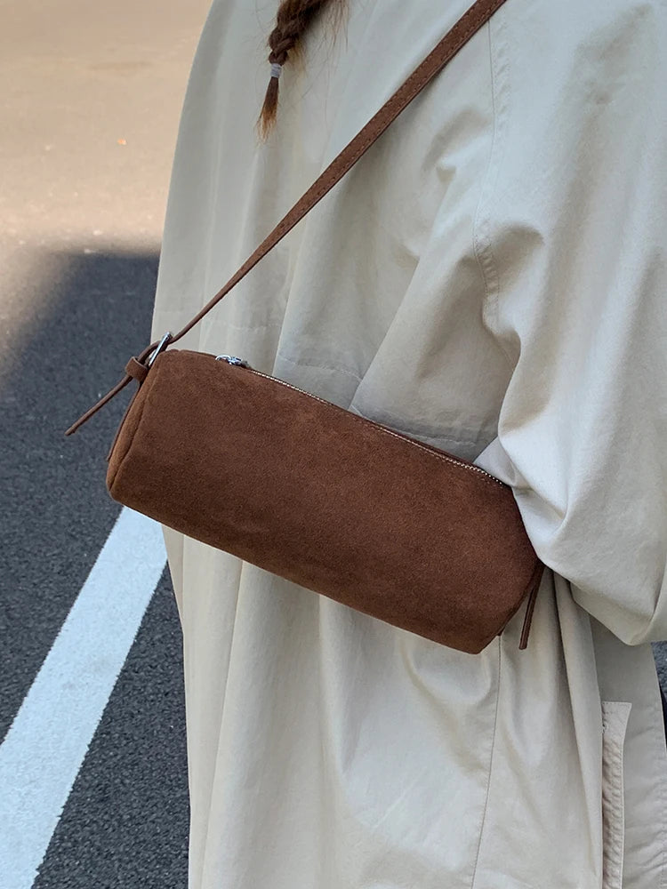 Solid Color Suede Frosted Cylindrical Bag Fashion Large Capacity Women Shoulder Bags Trendy Commuting Shopping Crossbody Pack