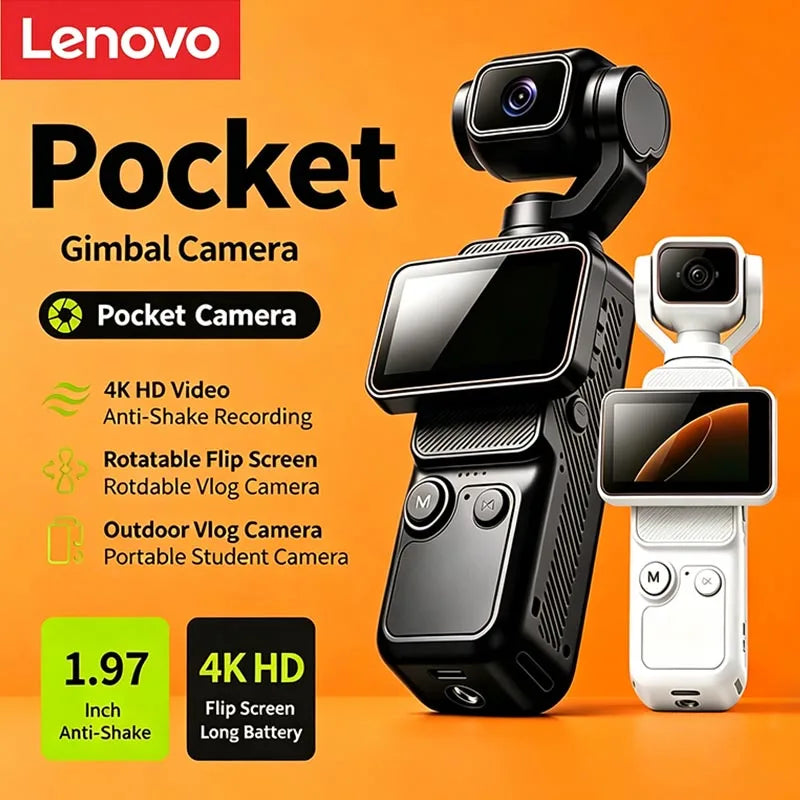 Lenovo Handheld Pocket Action Camera Rotating Lens and Screen Image Stabilization Photo Video Recording Wi-Fi Transfer to Phone