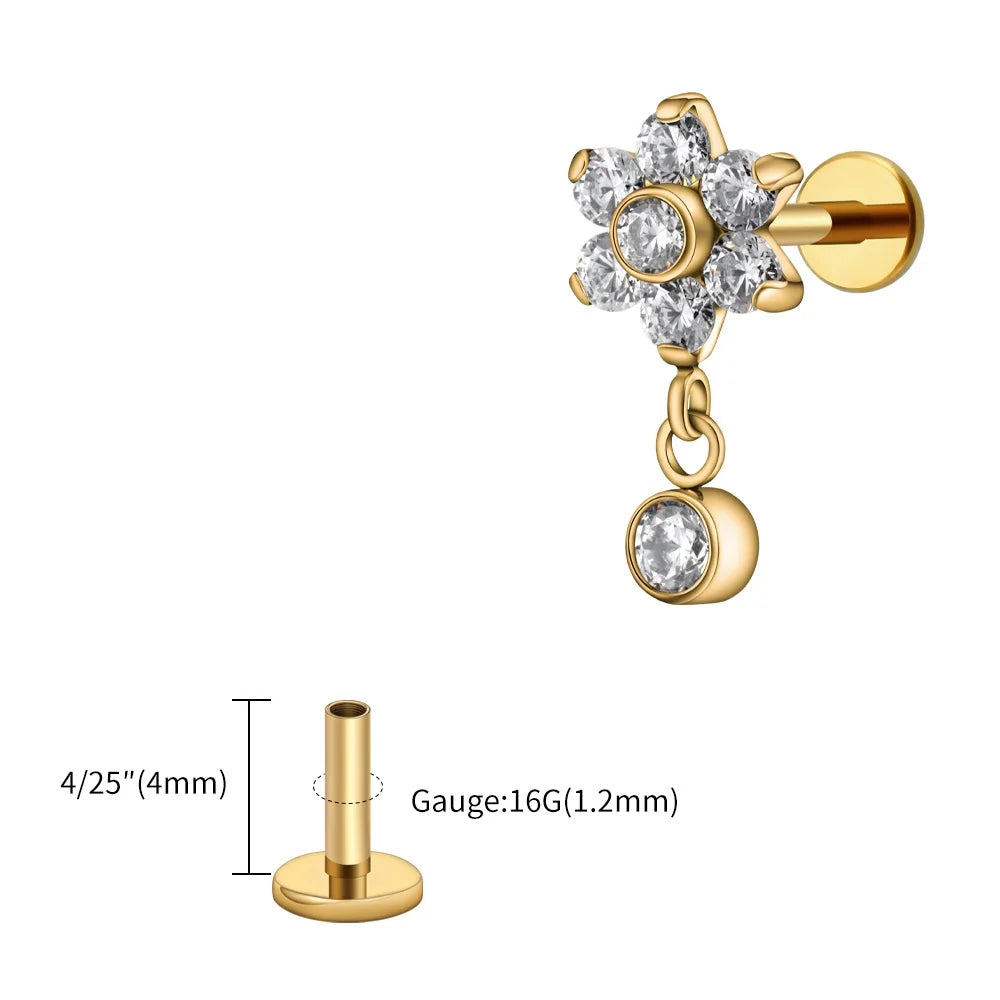 16G Titanium Flower CZ Drop Labret – Dangle Flat Back Piercing Earring