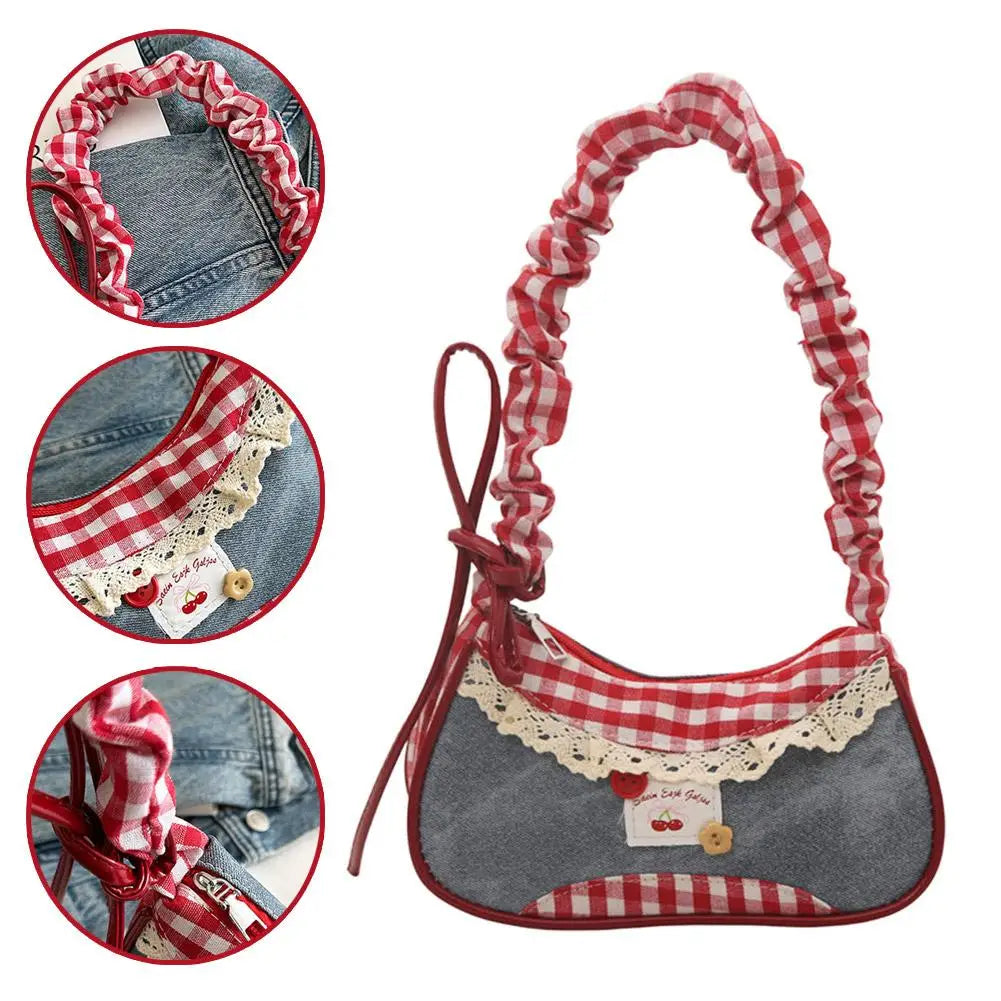 Women's Grid Shoulder Bag – Stretchable Strap Handbag with Lace Ribbon Detail