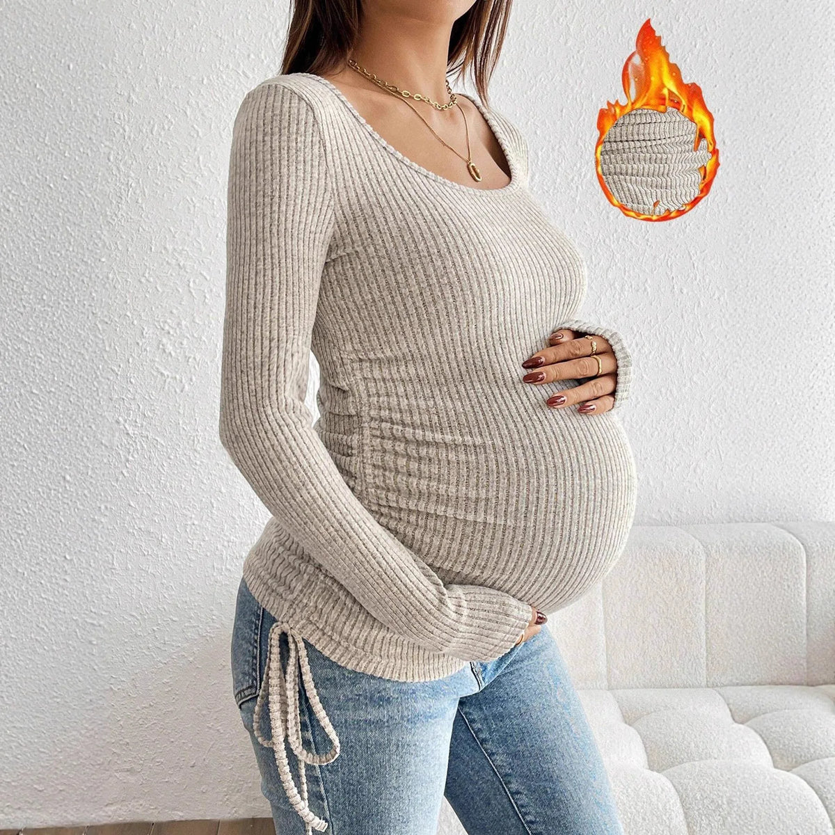Maternity Clothes Pleated Slim-fit Pregnant Women's Knitted Sweater Clothing Dress Pregnancy Round-neck Long-sleeved T-shirt