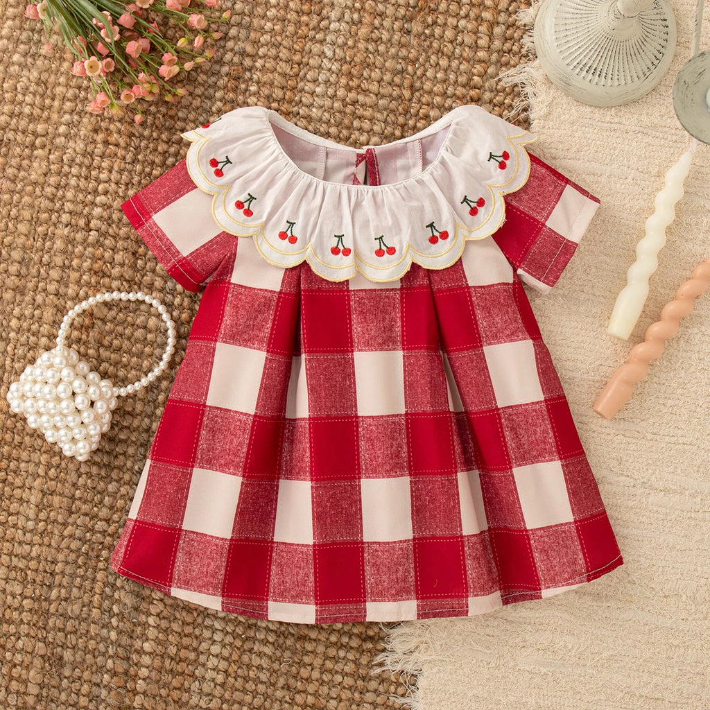 9 Months -4 Years Old Summer New Plaid Short Sleeved Baby Girl Dress, Red Cherry Petal Lapel Children'S Clothing
