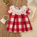 9 Months -4 Years Old Summer New Plaid Short Sleeved Baby Girl Dress, Red Cherry Petal Lapel Children'S Clothing