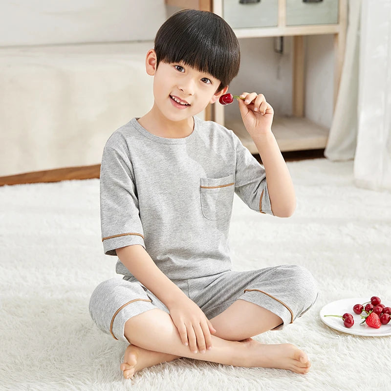 Teenage Boys Girls Pajamas Summer Short Sleeved Children's Clothing Sleepwear Cotton Pyjamas Sets For Kids 8 10 12 14 16 Years
