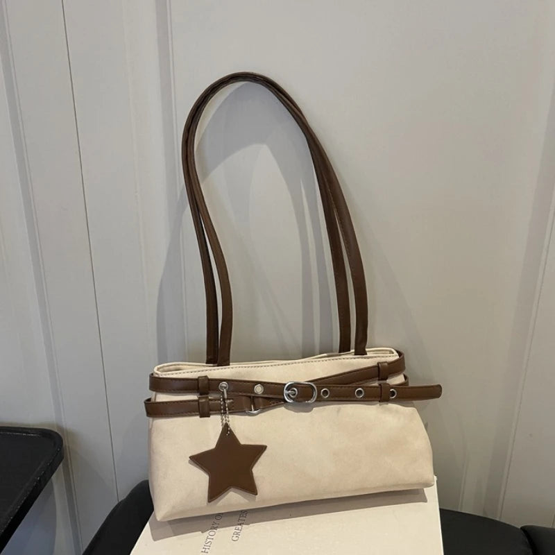 Fashion Suede Shoulder Bag for Women, Cute Five Pointed Star Pendant, Retro Y2K Tote Bag for Daily Commuter ,Simple Underarm Bag