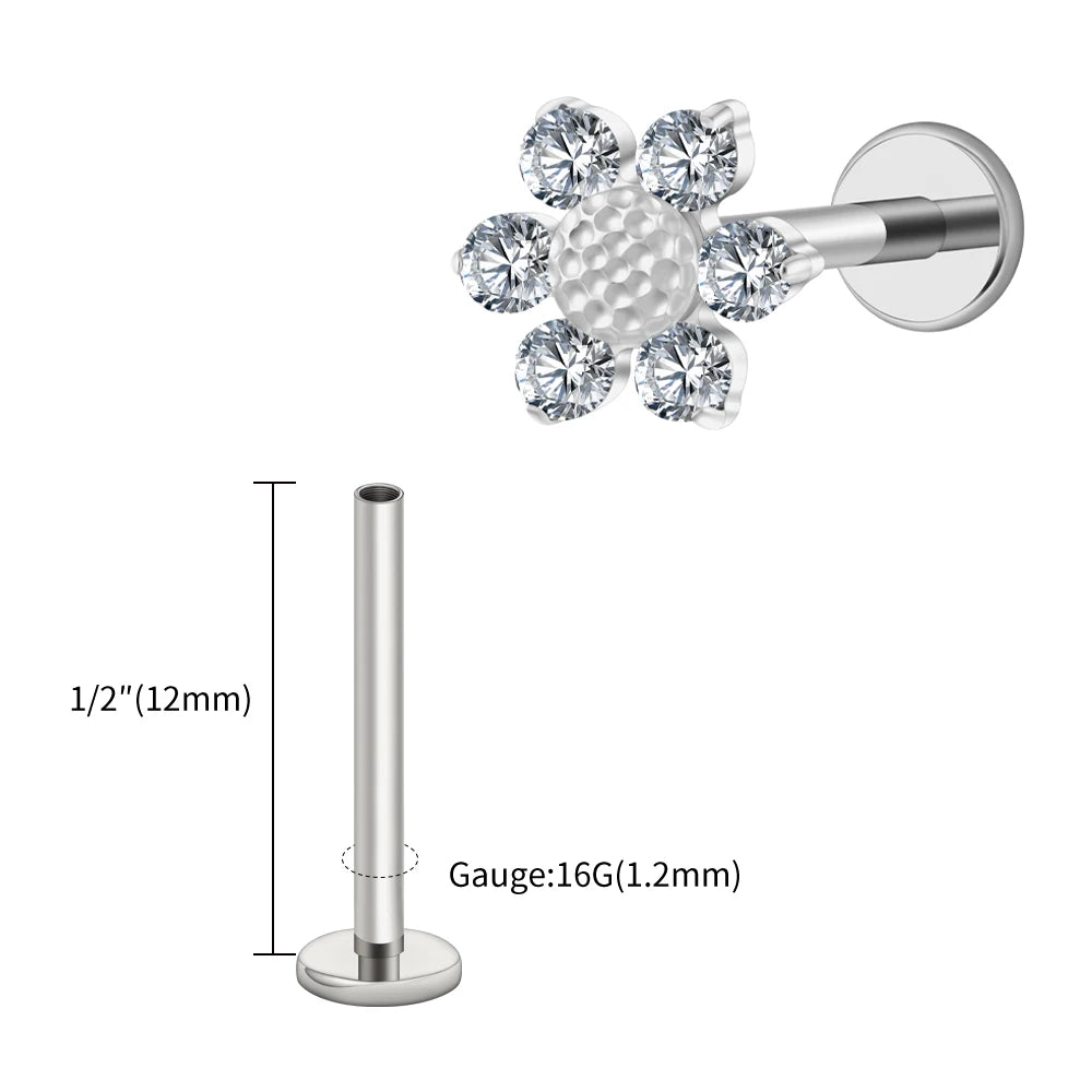 16G Titanium Sunflower Labret Stud – Mini CZ Flower Cartilage Piercing