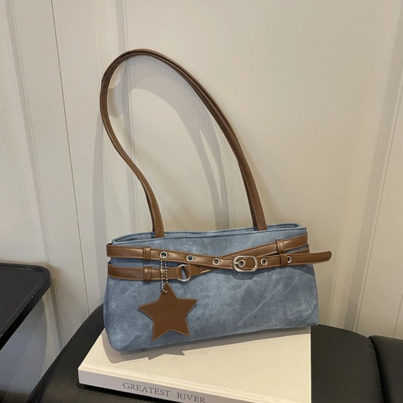 Fashion Suede Shoulder Bag for Women, Cute Five Pointed Star Pendant, Retro Y2K Tote Bag for Daily Commuter ,Simple Underarm Bag