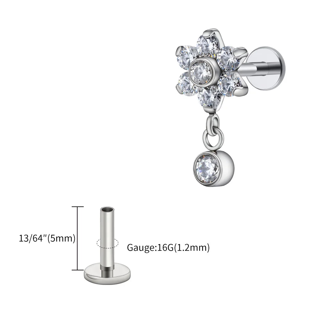 16G Titanium Flower CZ Drop Labret – Dangle Flat Back Piercing Earring