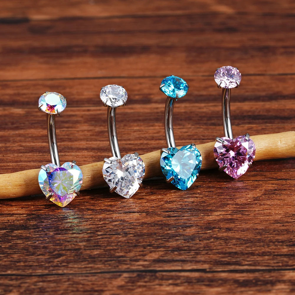 14G Titanium Heart CZ Belly Button Ring – Curved Barbell Navel Piercing