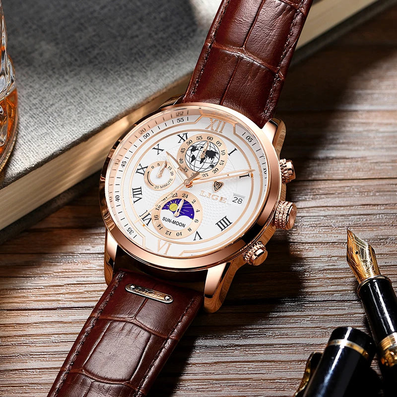 New Mens Watches LIGE Top Brand Leather Chronograph Waterproof Sport Automatic Date Quartz Watch For Men Relogio Masculino