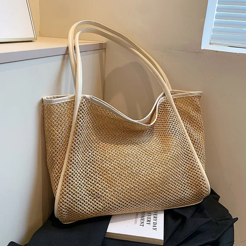 Women Summer Straw Woven Tote Bag with Small Pouch PU Trim Large Capacity Shoulder Handbags, Casual Beach Shopping Handbag Purse
