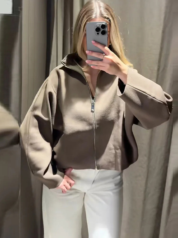 Women’s Cropped Knit Cardigan – Stand Collar Zip-Up Sweater