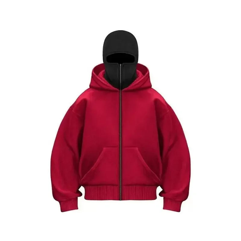 Unisex Gothic Double Hooded Sweatshirt – Y2K Harajuku Style Zip-Up Hoodie with Balaclava Mask