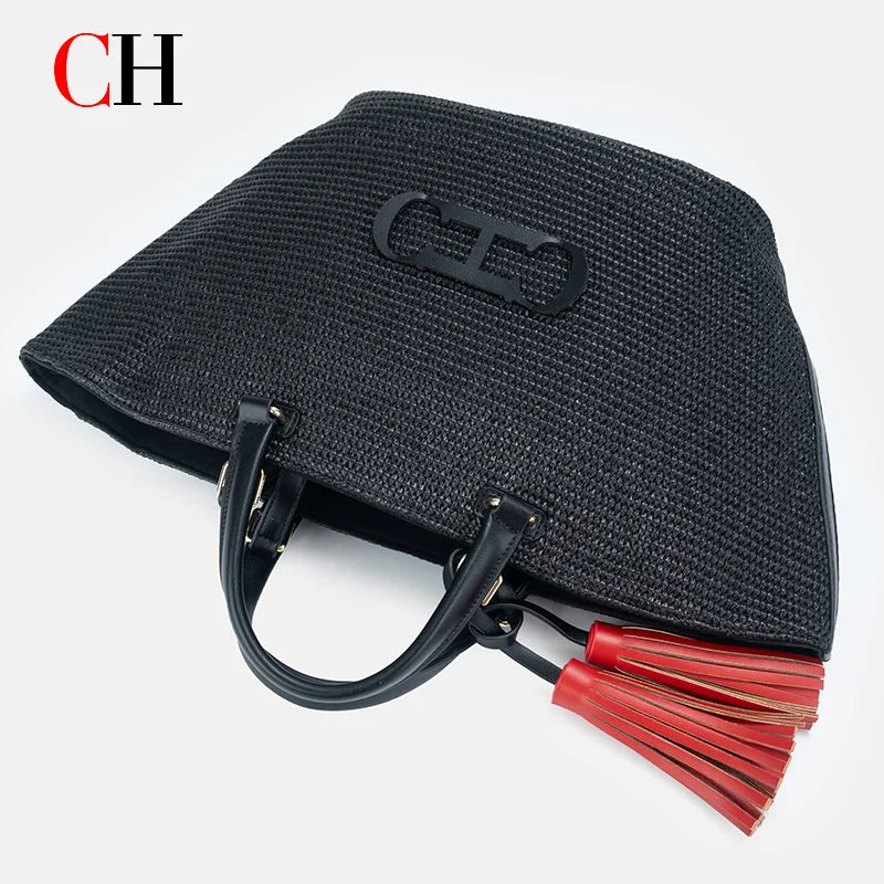 CH Women Straw Tote Bag Large Capacity Woven Raffia Handbag with Tassel Leather Handles Summer Beach Vacation Shoulder Bag
