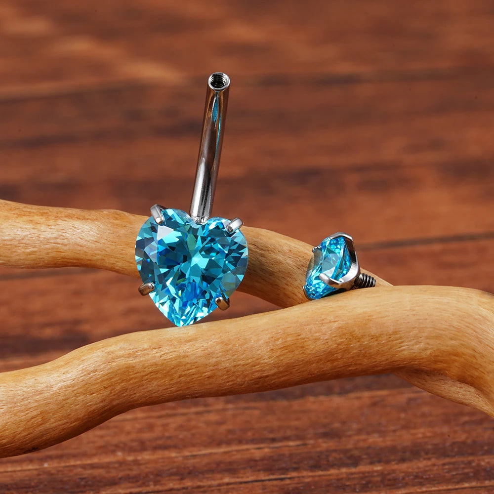 14G Titanium Heart CZ Belly Button Ring – Curved Barbell Navel Piercing