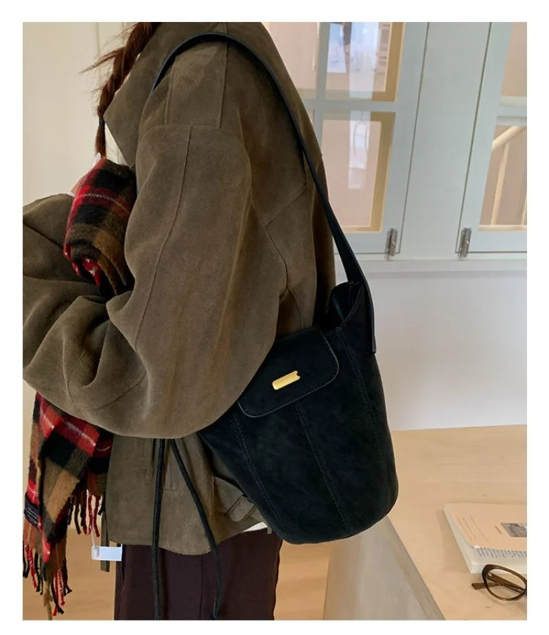 Women's Casual Style Suede & Leather Bucket Shoulder Bag, Ideal for Daily Use, School Commute, Weekend Outings & Shopping