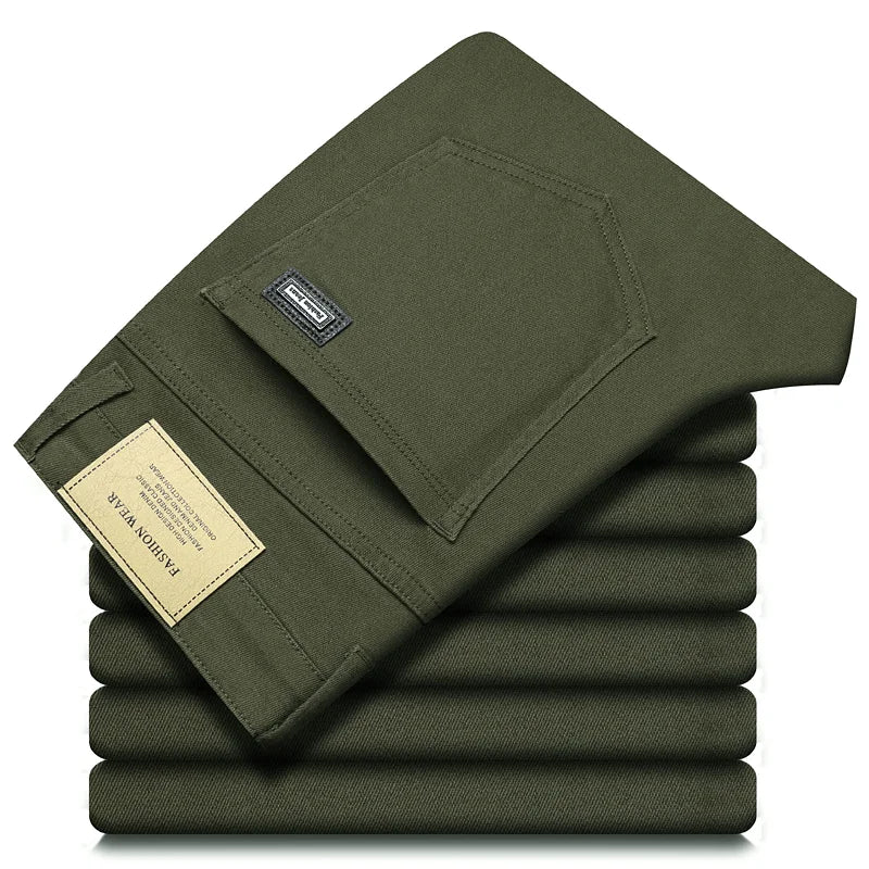 Men's Army Green Slim-Fit Stretch Jeans – 96% Cotton Straight-Leg Casual Trousers