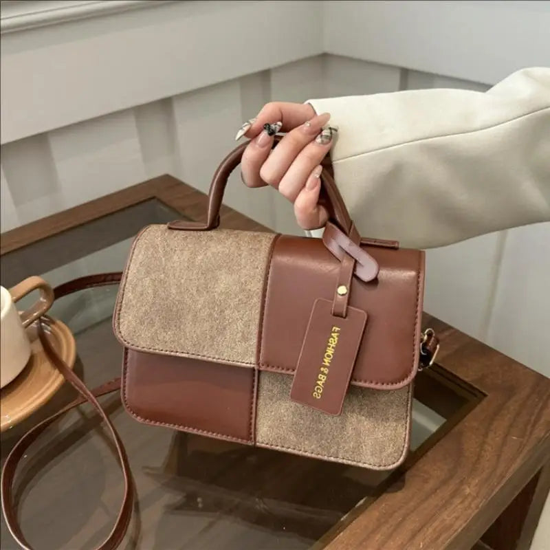 Women's PU Leather Tote Bag – Retro Plaid Patchwork Shoulder and Crossbody Handbag