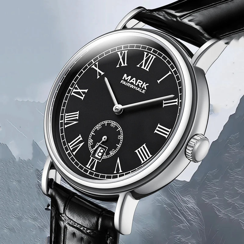 Men's Automatic Mechanical Watch with Date Display Stainless Steel Case Genuine Leather Strap Transparent Case Back 40mm  Dial