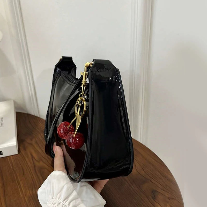 Women's PU Leather Shoulder Bag – Solid Color Handbag with Cherry Pendant