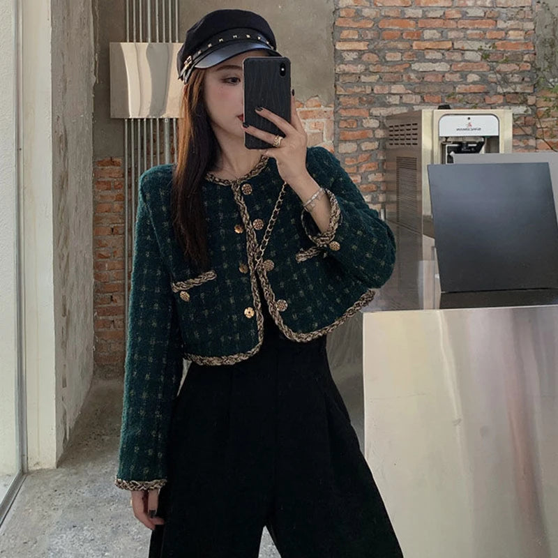 Korea New Arrive Elegant Retro Plaid Short Woolen Jackets Women Autumn Ladies Long Sleeve Metal Single Breasted Tweed Coat