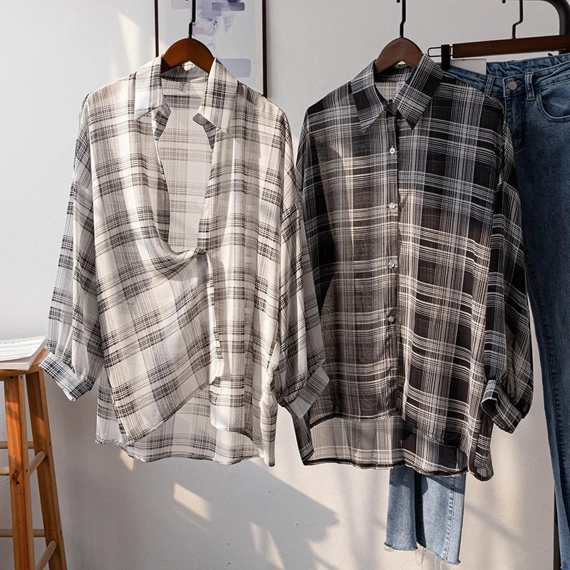Women’s Sheer Plaid Chiffon Shirt – Oversized Button-Down Casual Blouse