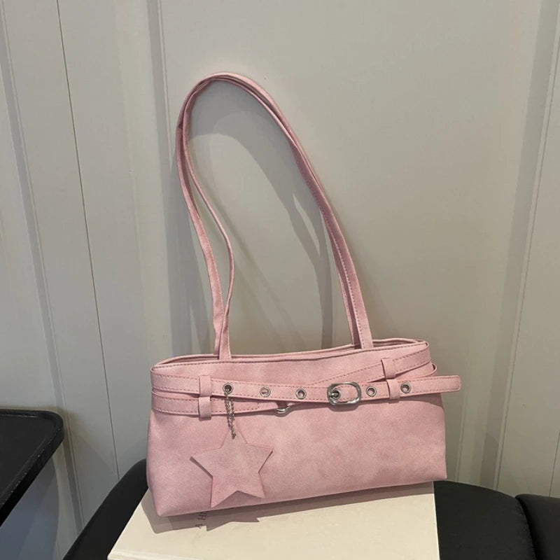 Fashion Suede Shoulder Bag for Women, Cute Five Pointed Star Pendant, Retro Y2K Tote Bag for Daily Commuter ,Simple Underarm Bag