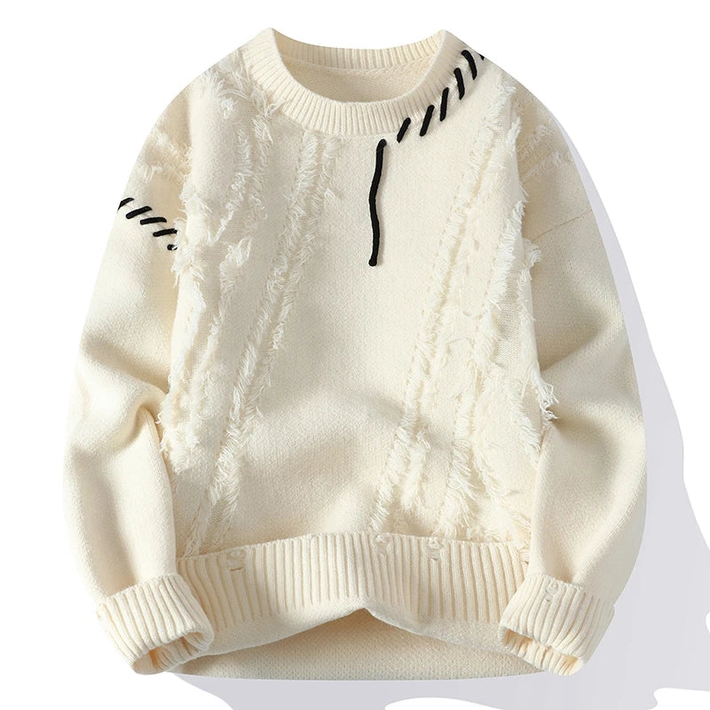 Men's Patchwork Knit Sweater – Warm Crew Neck Pullover, Korean Streetwear Style