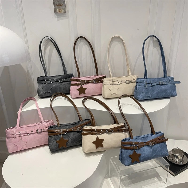 Fashion Suede Shoulder Bag for Women, Cute Five Pointed Star Pendant, Retro Y2K Tote Bag for Daily Commuter ,Simple Underarm Bag