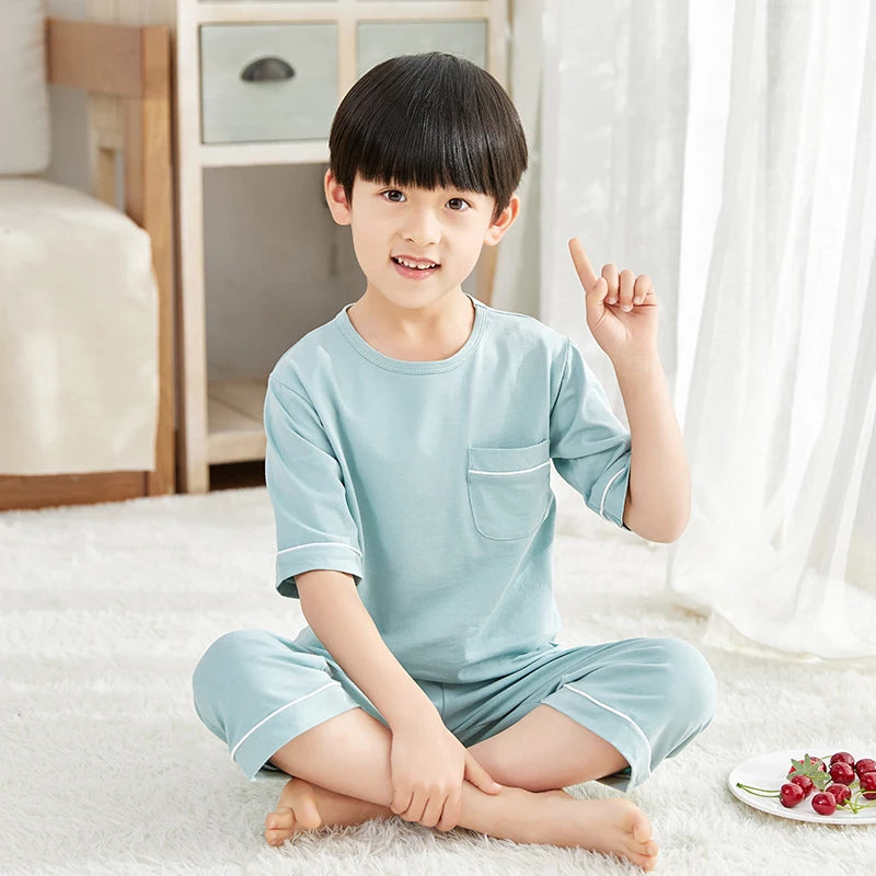 Teenage Boys Girls Pajamas Summer Short Sleeved Children's Clothing Sleepwear Cotton Pyjamas Sets For Kids 8 10 12 14 16 Years