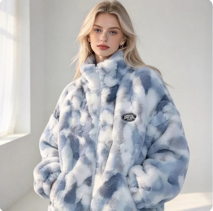 Women’s Tie-Dye Fleece Jacket – Plush Zip-Up Coat for Autumn & Winter