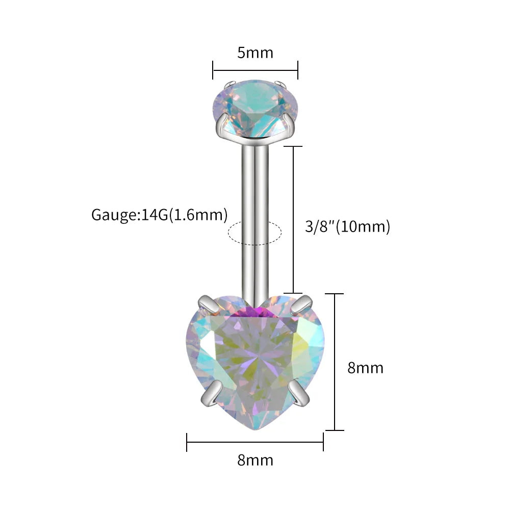 14G Titanium Heart CZ Belly Button Ring – Curved Barbell Navel Piercing