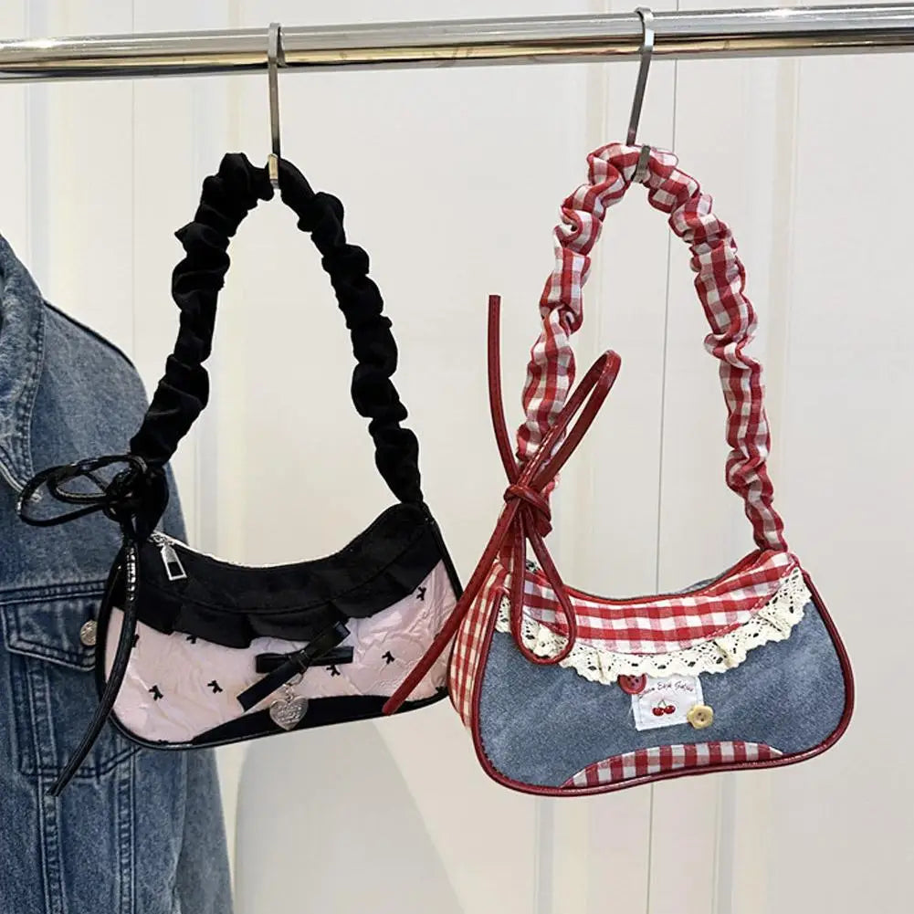 Women's Grid Shoulder Bag – Stretchable Strap Handbag with Lace Ribbon Detail