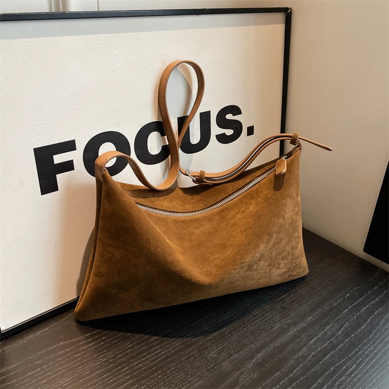 Women's Vintage Suede Tote Bag – Large-Capacity Shoulder and Crossbody Bag for Autumn and Winter