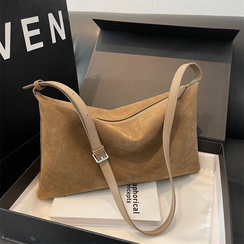 Women's Vintage Suede Tote Bag – Large-Capacity Shoulder and Crossbody Bag for Autumn and Winter