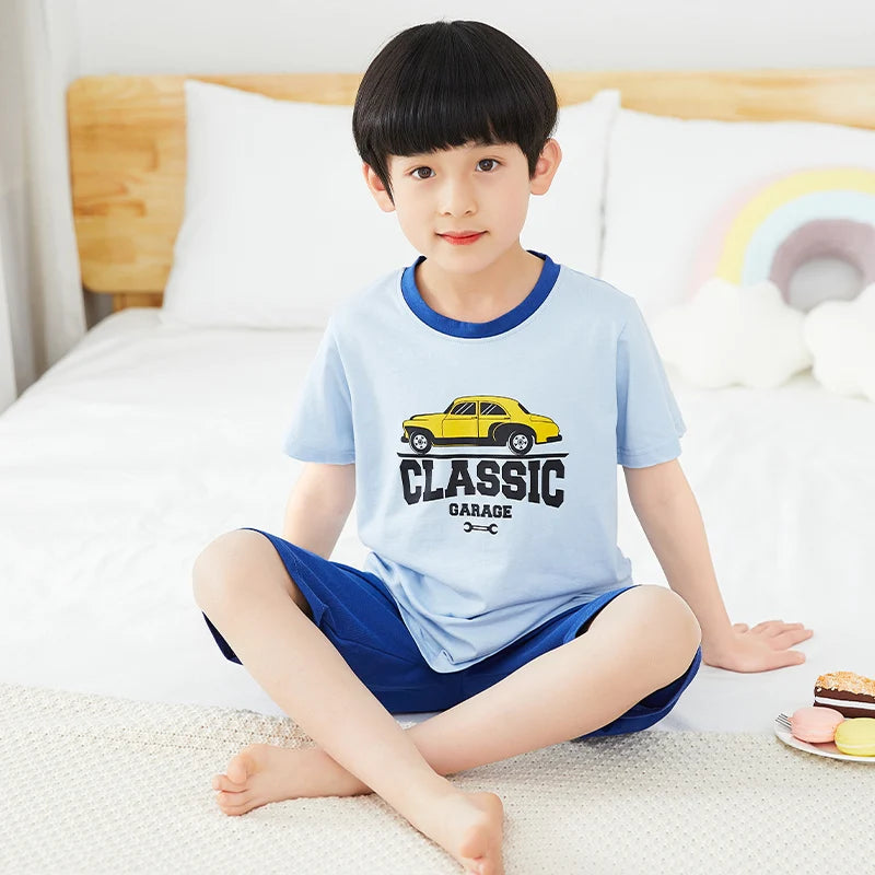 Teenage Boys Girls Pajamas Summer Short Sleeved Children's Clothing Sleepwear Cotton Pyjamas Sets For Kids 8 10 12 14 16 Years