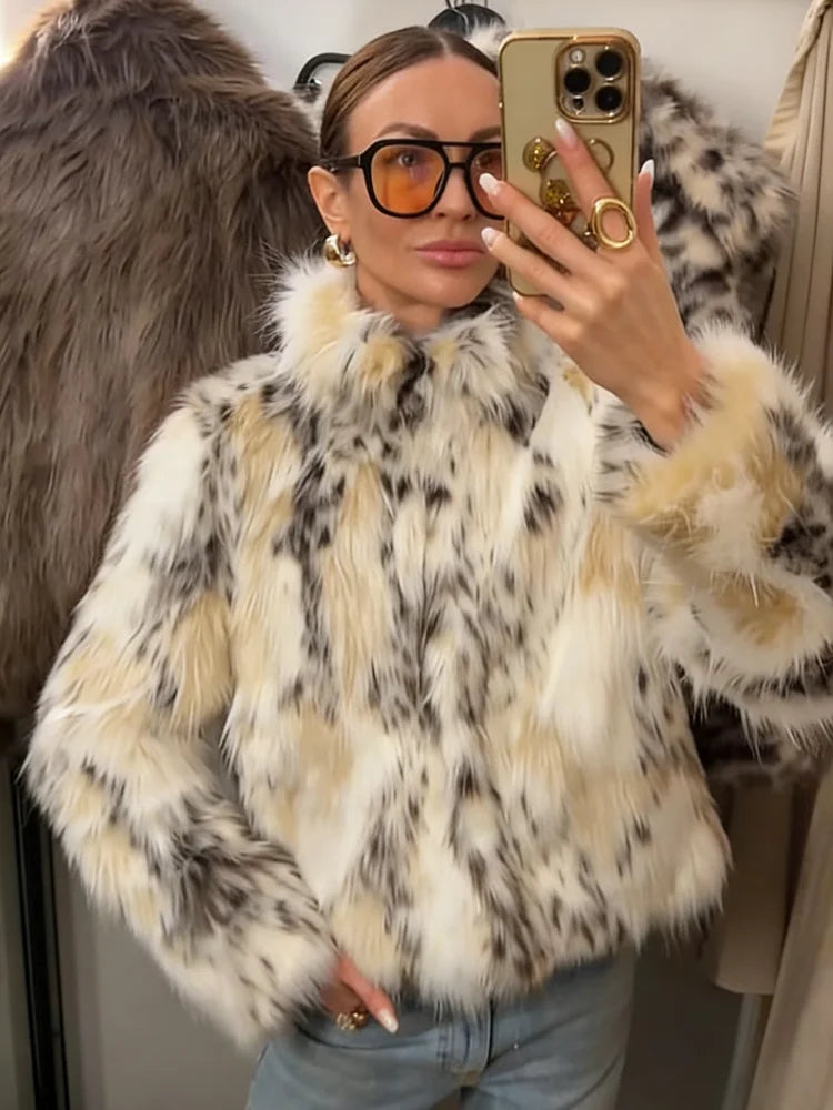 Winter Animal Print Fluffy Faux Fur Coats For Women Chic Thick Warmth Stand Collar Jacket Street Lady Long Sleeve Outerwear