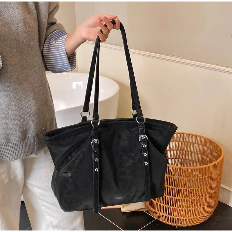 Korean Large Capacity Tote Bag Women Suede Shoulder Crossbody Bag Belt Buckle Design Minimalist Solid Color Zipper Underarm Bag