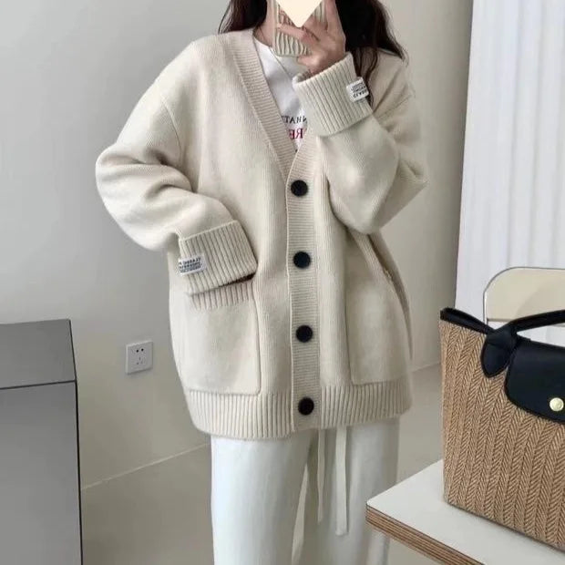 Women’s V-Neck Knit Cardigan – Loose Preppy-Style Sweater