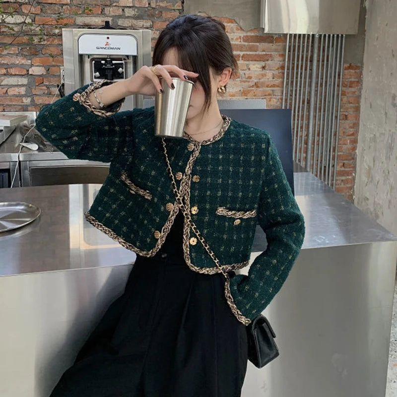 Korea New Arrive Elegant Retro Plaid Short Woolen Jackets Women Autumn Ladies Long Sleeve Metal Single Breasted Tweed Coat