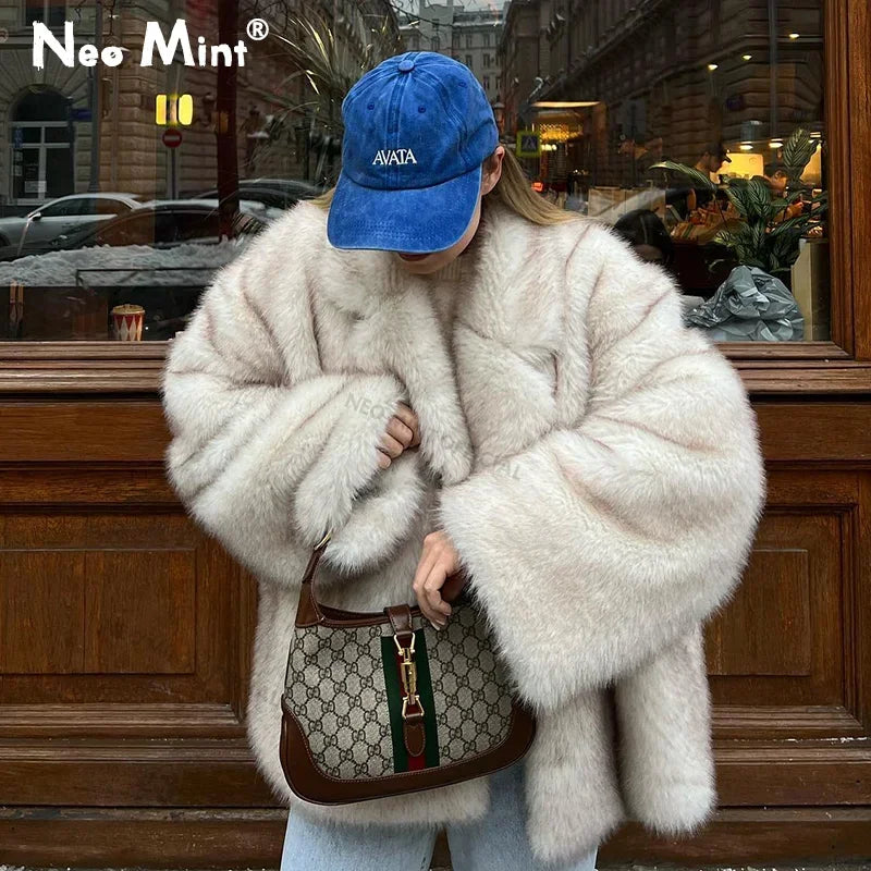 Neo Mint  Winter Ins Hot Fashion Girls Oversized Gradient Fur Coat Women Thick Warm Outerwear Fluffy Faux Fox Fur Jacket