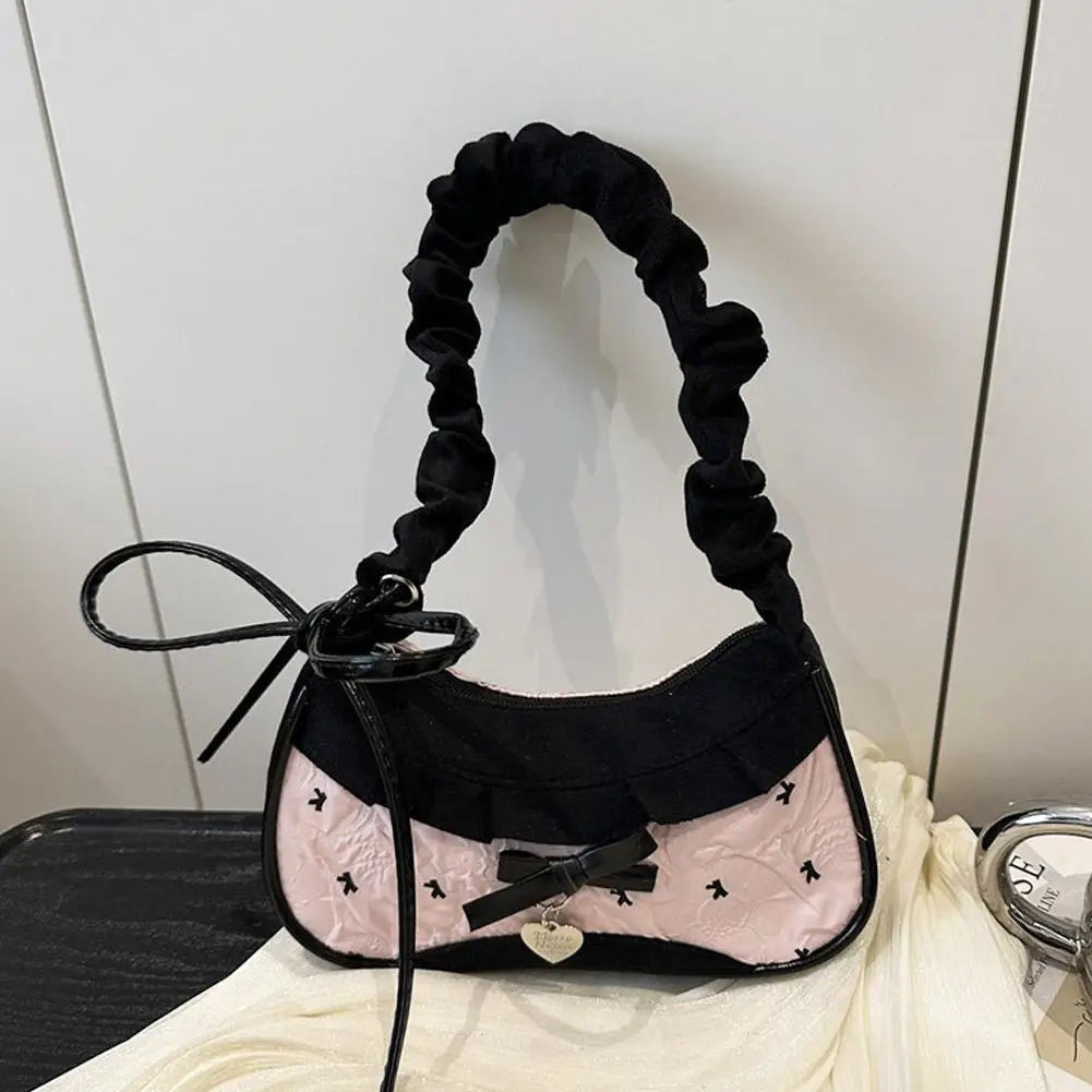 Women's Grid Shoulder Bag – Stretchable Strap Handbag with Lace Ribbon Detail