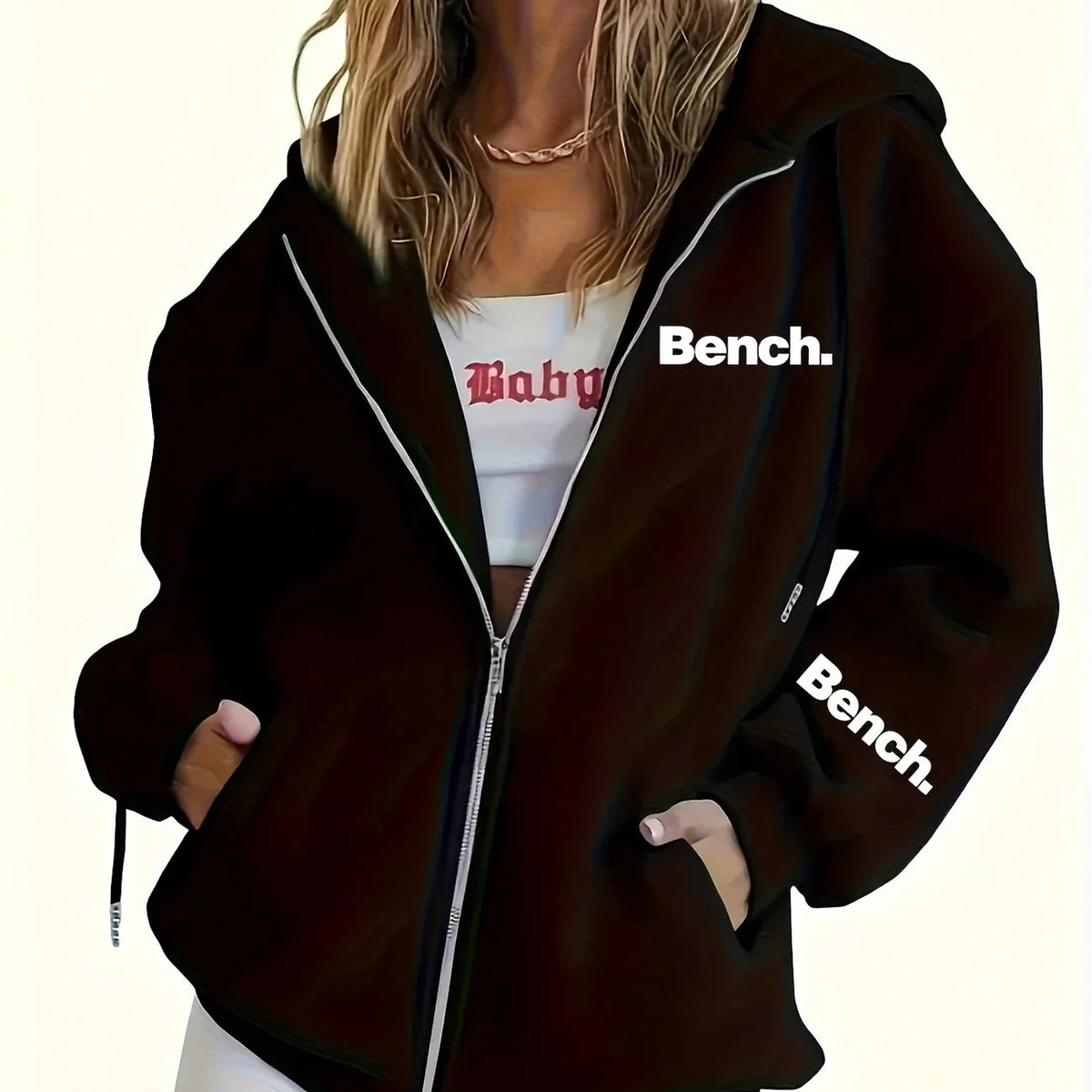 Women's Grey Zip-Up Hoodie – Y2K Casual Jacket with Pockets, Long Sleeve Sweatshirt