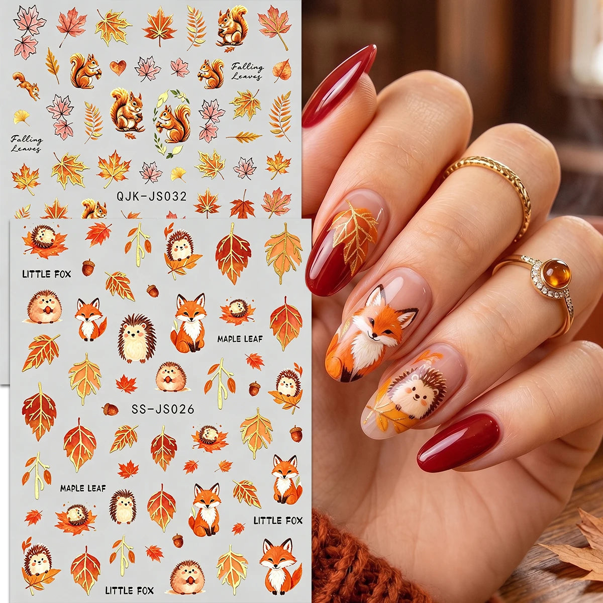 Metallic Autumn Nail Art Decals, Cute Fox Squirrel Hedgehog Maple Leaf Patterns, Retro Orange Gold Fall Theme