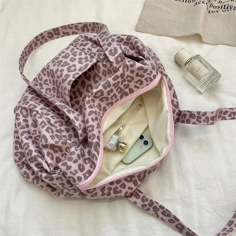 Women Suede Leopard Print Tote Bag Lazy Style Large Capacity Mommy Bag Versatile Daily Outdoor Shoulder Handbag