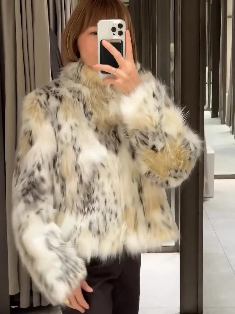 Winter Animal Print Fluffy Faux Fur Coats For Women Chic Thick Warmth Stand Collar Jacket Street Lady Long Sleeve Outerwear