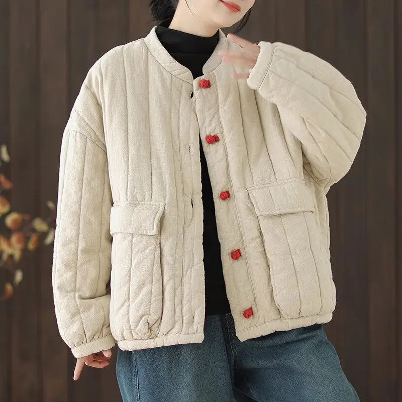 Women’s Cotton-Linen Quilted Jacket – Short Retro Chinese-Style Coat