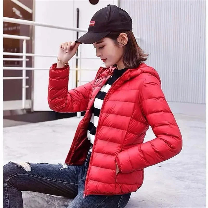 Women’s Short Puffer Jacket – Warm Hooded Coat with Stand-Up Collar