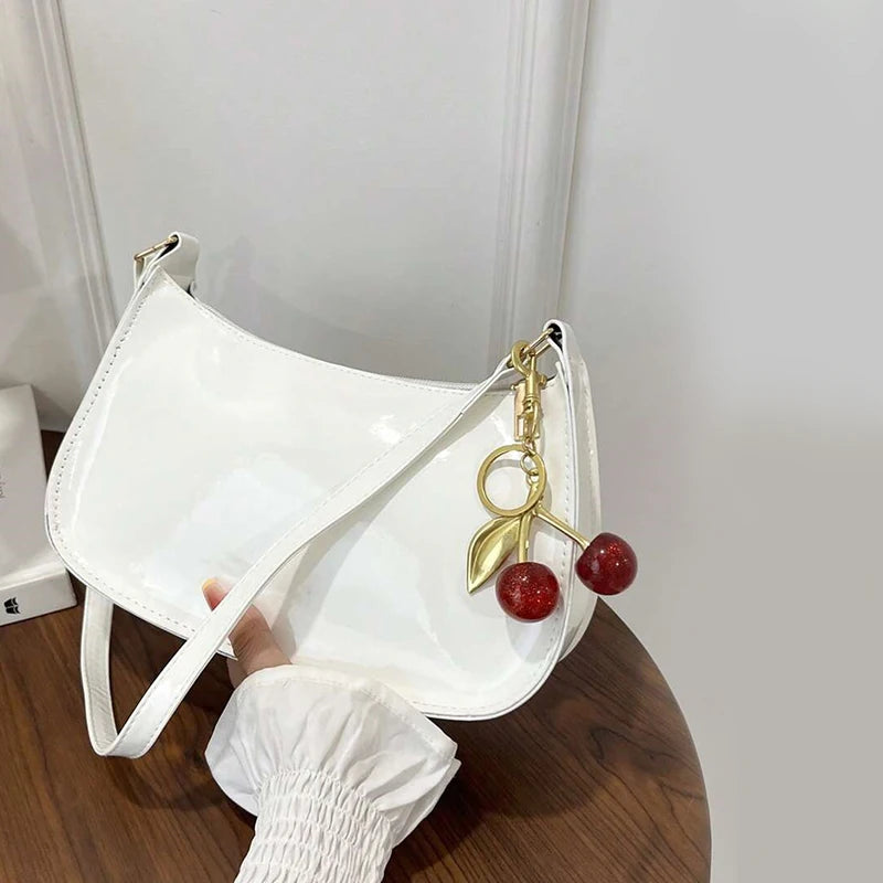 Women's PU Leather Shoulder Bag – Solid Color Handbag with Cherry Pendant